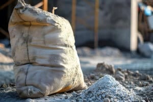 A large burlap sack sits next to a small pile of gravel on a construction site.